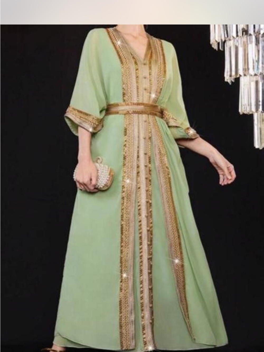 Elegant Green Maxi Kaftan Dress with Gold beaded trip and belt